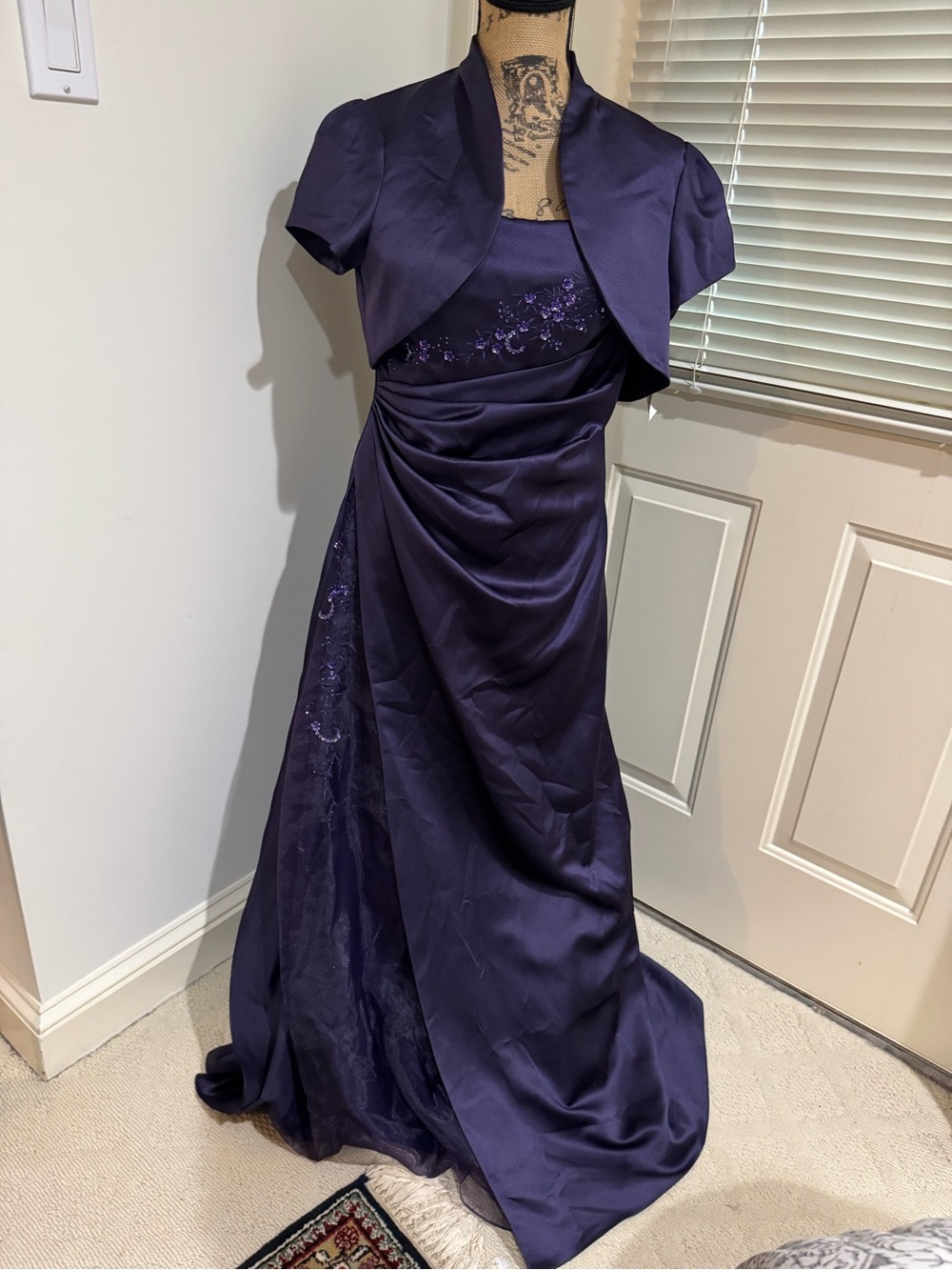 2 pc David's Bridal Strapless Satin Gown in Plum Purple